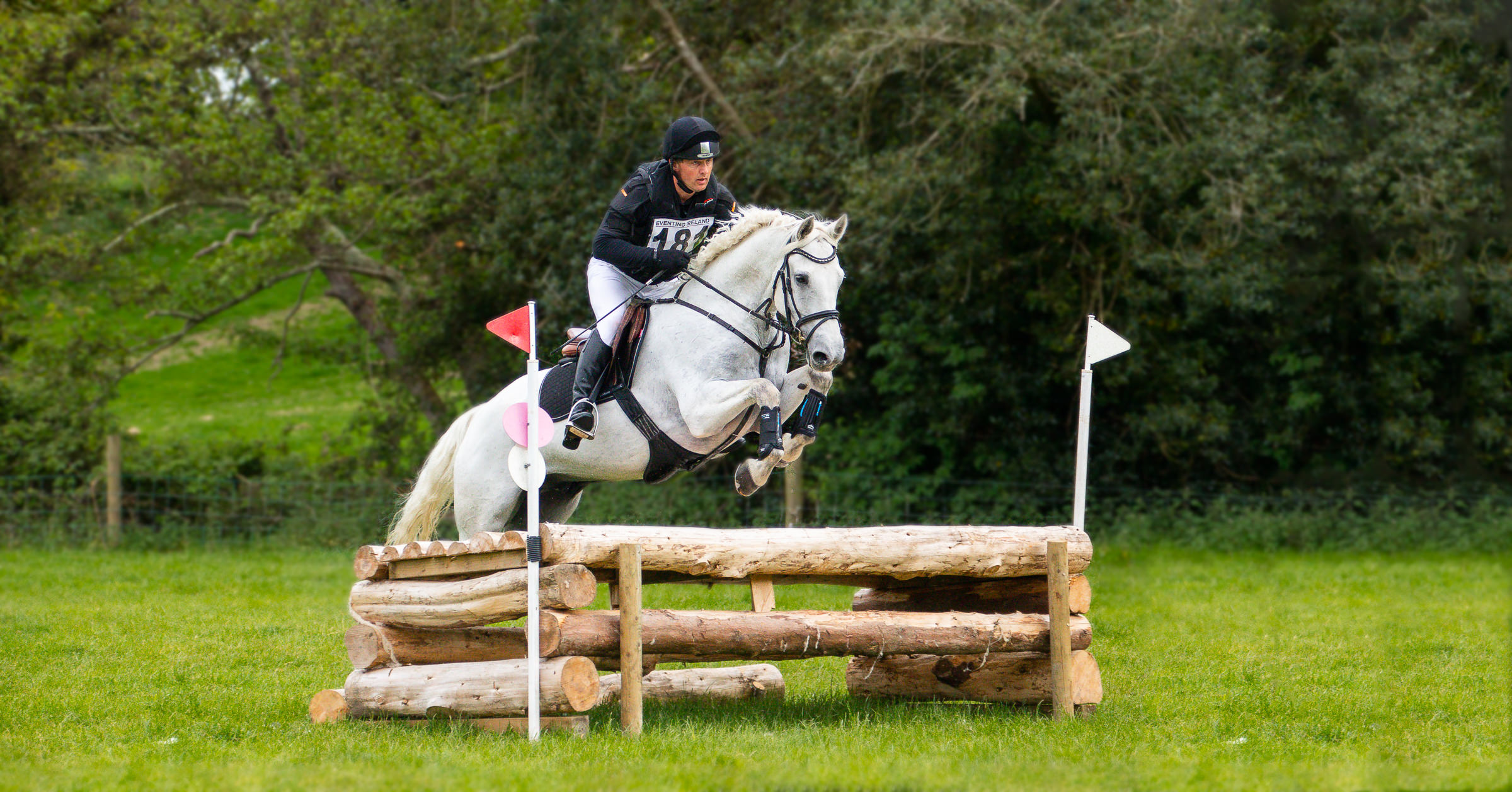 grey horse and rider photo jumping a cross country oxer
