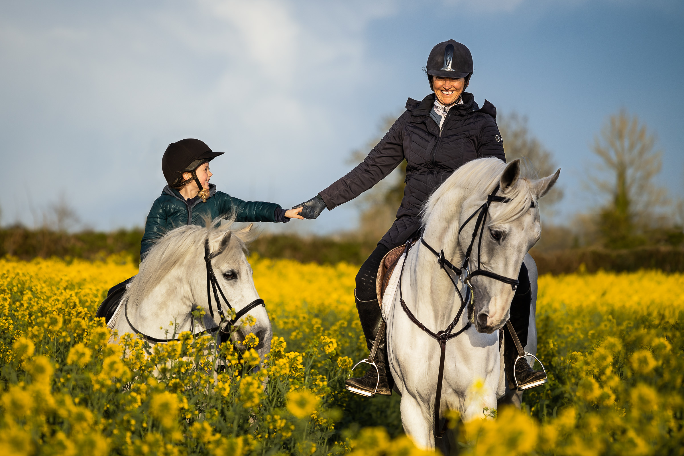 Mother and daughter photo session with a horse and pony in a field of flowers