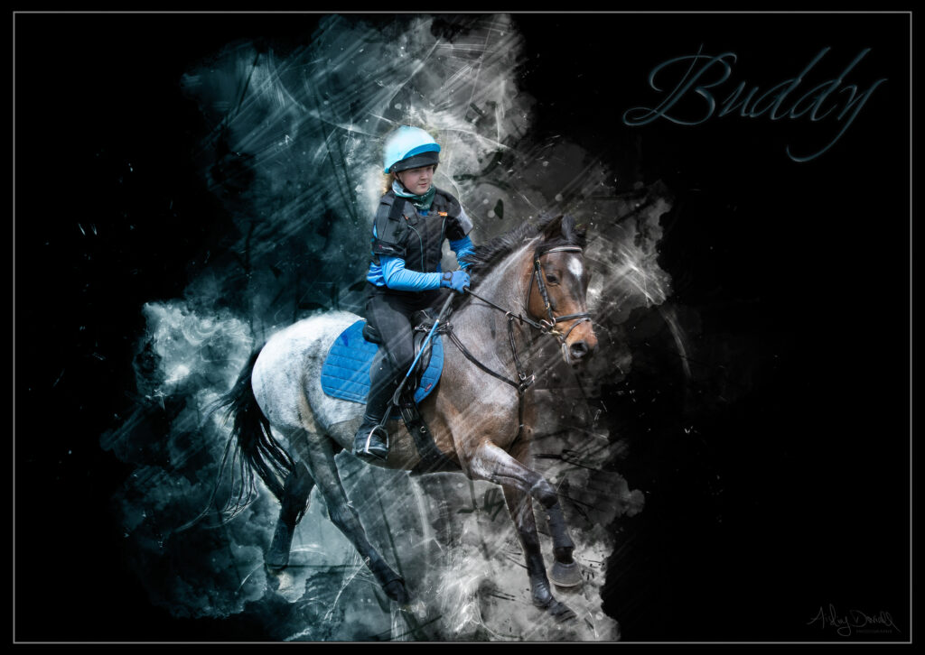 grunge effect digital art edit of a pony and rider with a black background