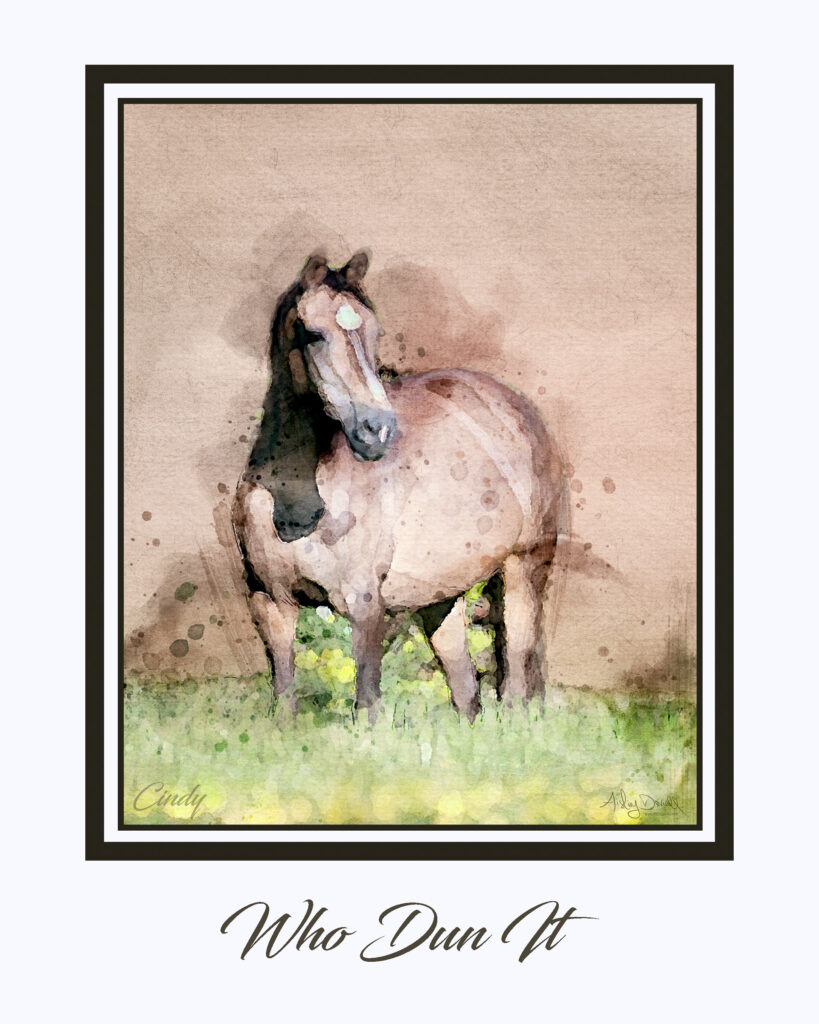 digital watercolour art of a dun horse standing in green grass with a white border and nameplate