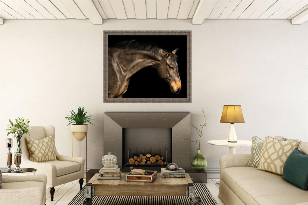 A mock up of a sitting room with fine art equine portrait over a fireplace